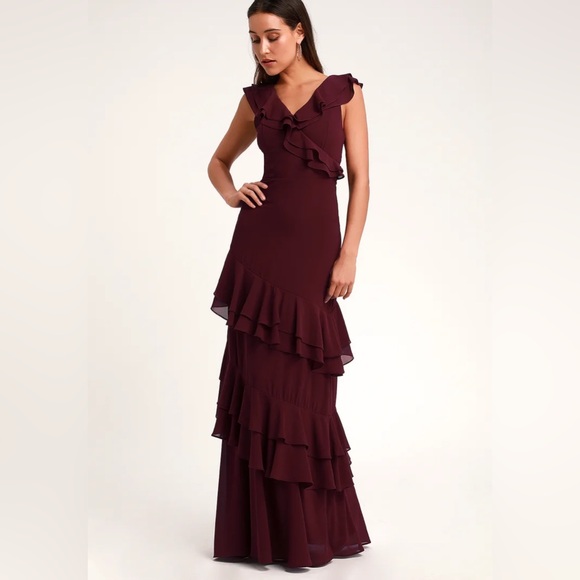 Lulu’s Majesty Burgundy Ruffled Salsa V-Neck Flutter StrapsMaxi Dress Size 1x - Picture 2 of 12